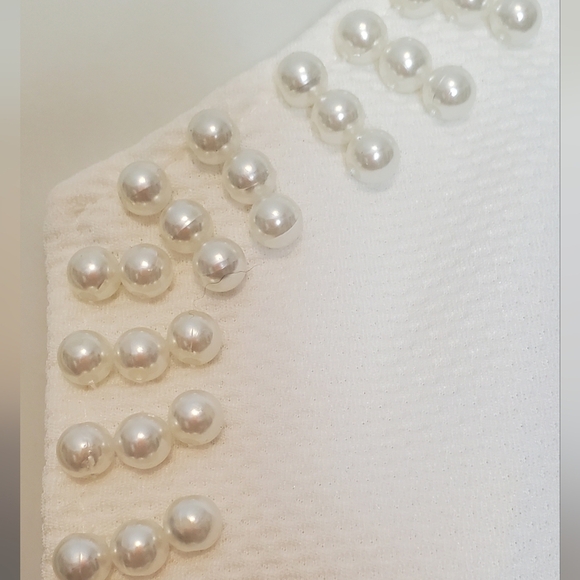 Pearl-Embellished White Textured Cropped Puff Shoulders Dressy Jacket Size Small - Picture 7 of 8